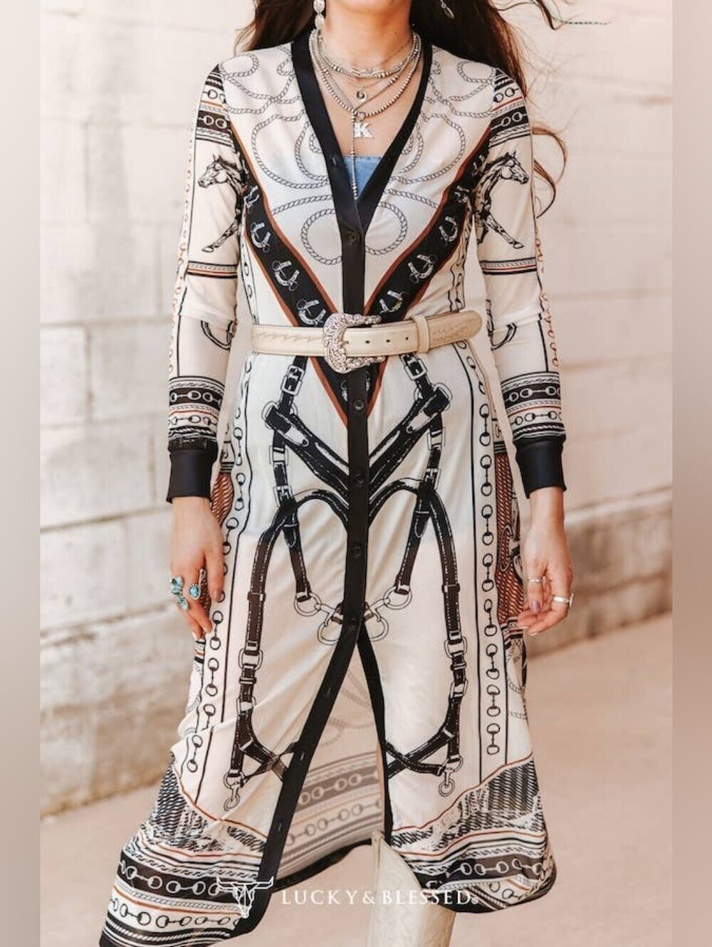 NWT Ivory Cowboy Printed Mesh Button Down Cardigan Maxi Duster Dress
